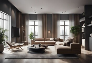 Interior design of modern apartment living room with sofa and armchair 3d rendering