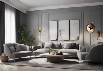 Fototapeta na wymiar Interior design of modern living room with grey sofa and coffee table 3d rendering