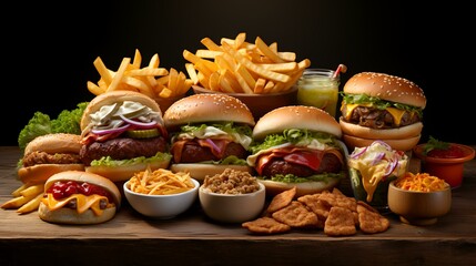 Collection of Different Fast Food, Including French Fries - obrazy, fototapety, plakaty