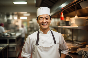 Portrait of Asian chef in the kitchen in a restaurant. Generative AI