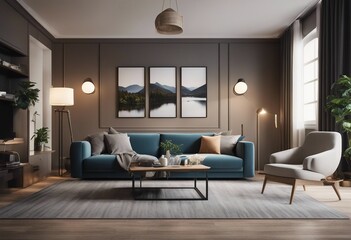Naklejka na ściany i meble Interior of living room with sofa and poster 3d rendering