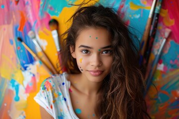 Young American female model with an artistic flair, surrounded by paint and brushes, against a colorful canvas background