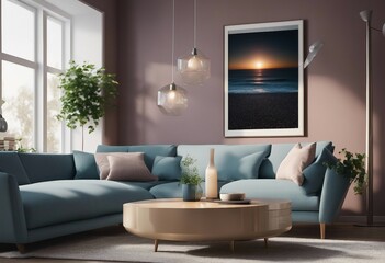 Interior of living room with sofa and poster 3d rendering