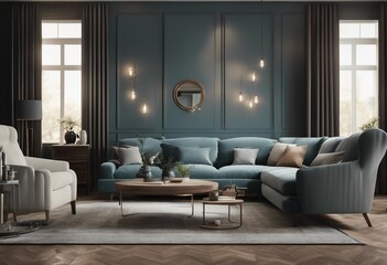 Interior of living room with sofa and table and chairs 3d rendering