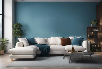 Interior of modern living room with white fabric sofa over blue wall 3d rendering