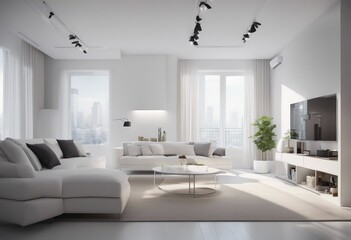 Fototapeta na wymiar Interior of modern white apartment panorama 3d render