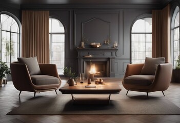 Interior with armchair and coffee table panorama 3d rendering