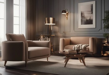 Interior with armchair and coffee table panorama 3d rendering