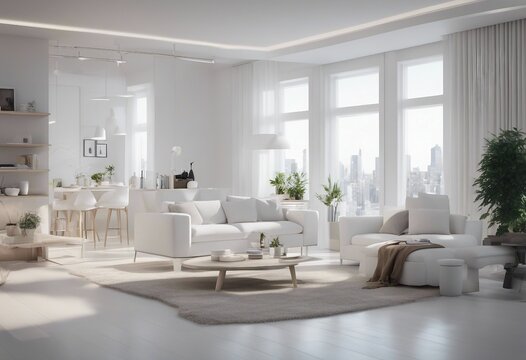 Interior of modern white apartment panorama 3d render