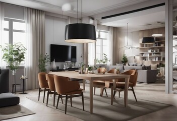 Modern interior of apartment dining room with table and chairs living room with sofa hall panorama 3