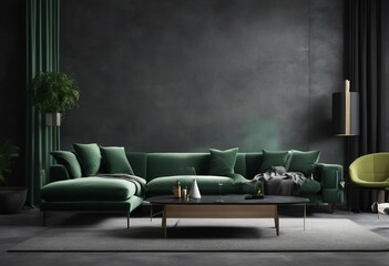 Modern interior of living room with grey sofa coffee tables green armchair against black concrete wa