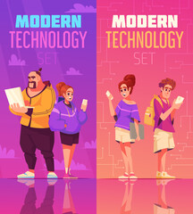People using technology banner set