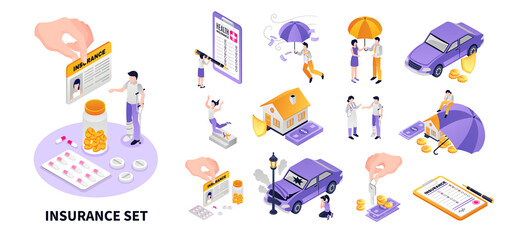 Isometric insurance icons illustration collection with finance elements