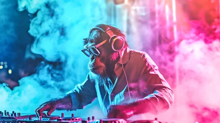 Foto auf Alu-Dibond funny monkey standing and making musical mix with special equipment and working as dj in night club at party © andreusK