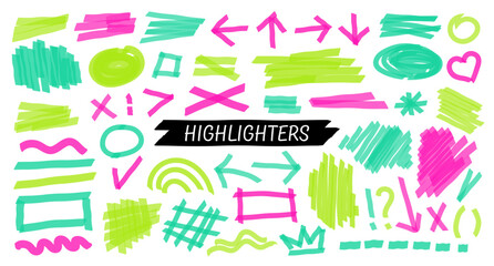 Highlight brush lines, shapes, elements. Big set of hand drawn isolated vector objects on white background. Neon pink doodle strokes. Acid highlighters marker stripes, underlines for any use. - obrazy, fototapety, plakaty