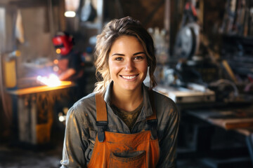 Portrait of a woman working in a steel parts manufacturing workshop. - obrazy, fototapety, plakaty