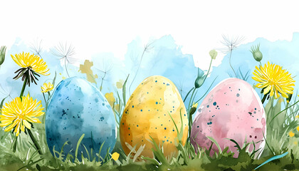 Watercolor flower meadow with colorful easter eggs background.Easter and Spring wallpaper.