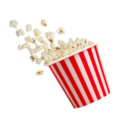 Fototapeta na wymiar Tasty popcorn falling out of a red striped carton bucket on transparent background png
