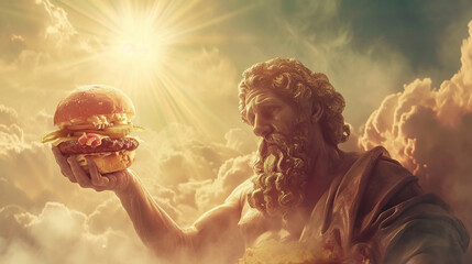 A mythical god eats a delicious burger while high in the heavenly realm
