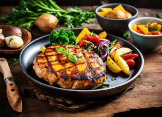 Grilled chicken steak with potatoes and vegetables on a wooden table
