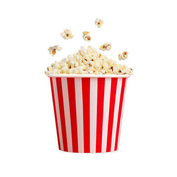 Popcorn in red and white striped bucket isolated on transparent background