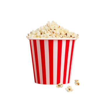 Popcorn in red and white striped cardboard bucket on transparent background png