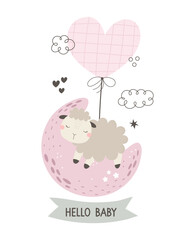 hello baby. cartoon sheep, hand drawing lettering. Colorful vector illustration, flat style. design for greeting cards, print, poster