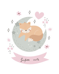 Super cute. cartoon fox, hand drawing lettering. Colorful vector illustration, flat style. design for greeting cards, print, poster
