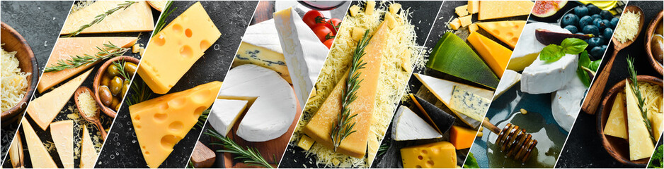 Collage. Different types of cheeses on black board. Assortment of cheeses: Parmesan, Brie cheese,...