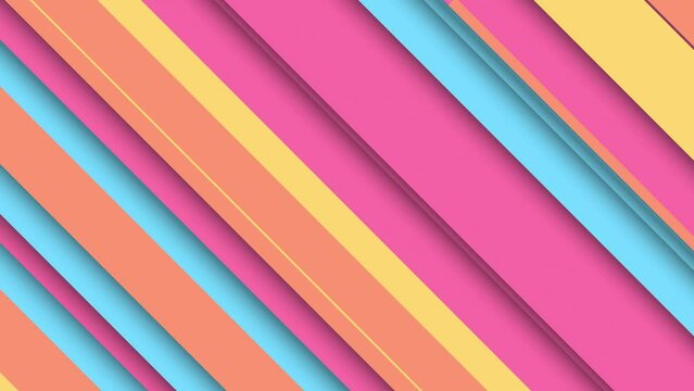 Trendy colorful striped pattern background with gently moving diagonal stripes in vibrant bright color tones. This simple abstract motion background animation is 4K and a seamless loop.