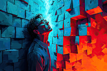 Ilustración de un empleado derribando muros que representan las barreras emocionales en el lugar de trabajo, liberación mental - obrazy, fototapety, plakaty