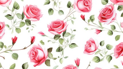 watercolor pattern pink Roses with buds on white background, valentines day concept 
