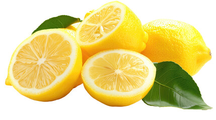 Yellow lemon lemons with leaf leaves, many angles and view side top front sliced halved cut isolated on white background cutout