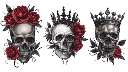 set skull crown rose concept tattoo on white background