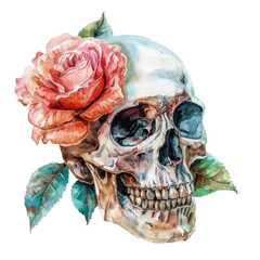 skull head and flower rose art watercolor painting drawing isolated on white background