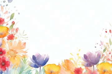 Spring may flower banner with watercolor painted frame of decorative ornament blossom patterns over white background symbolized beauty femininity mockup, may, colorful mother's day copy space for text