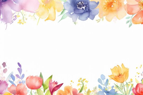 Spring may flower banner with watercolor painted frame of decorative ornament blossom patterns over white background symbolized beauty femininity mockup, may, colorful mother's day copy space for text
