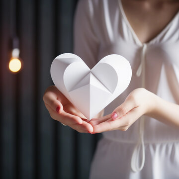 Woman hands holding white paper heart shape for Happiness moment, Health care, donate, Anniversary, Valentine's day, Hope and family insurance concept, World heart and health day, Generative AI.