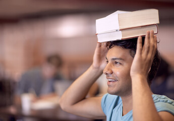 University, head balance and man with books for academy development, knowledge or history education...