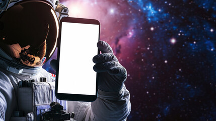 An astronaut holding smartphone with empty white screen in front of him in open space