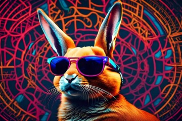 Imagine a day in the life of a trendsetting bunny with sunglasses, exploring its favorite hangout spots against a lively and colorful backdrop - obrazy, fototapety, plakaty