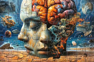 Ilustración de un rompecabezas donde las piezas representan diferentes aspectos de la salud mental, estabilidad emocional, psicología humana