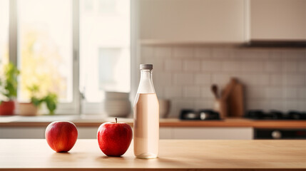 bottle with apple drink and apples on a wooden table in a bright kitchen. 