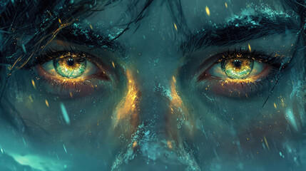 Ilustración futurista de mujer  con auroras boreales reflejadas en sus ojos 