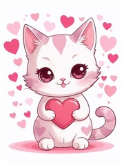 Cute Happy Valentines Day holiday art, greeting card design with a kawaii cartoon cat in love with heart, hearts backgroung. Cute valentine cat in love with valentines hearts design