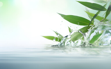 Bamboo branch on abstract cosmatic product  water background . Bamboo Elegance: Abstract Cosmetics on Water Background
