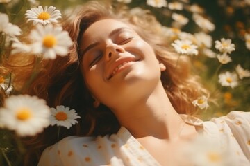 Obraz na płótnie Canvas Brunette woman wearing a dress enjoying sleeping in a field of daisies