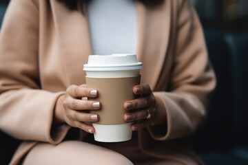 Close-up of hands holding a takeaway coffee cup, wearing a beige coat