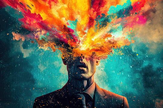 Ilustración de una explosión de colores y formas positivas emanando de la cabeza de un trabajador, simbolizando pensamientos positivos, creatividad