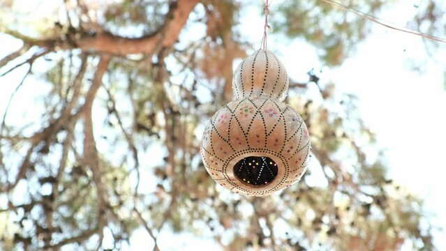 Colorful gourd lamp or calabash lamp. Decorative light objects, all handcrafted
